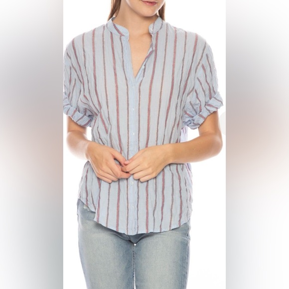 XiRENA Tops - Xirena Striped Cotton Button Front Tunic Shirt Blue Oversized Short Sleeve Small